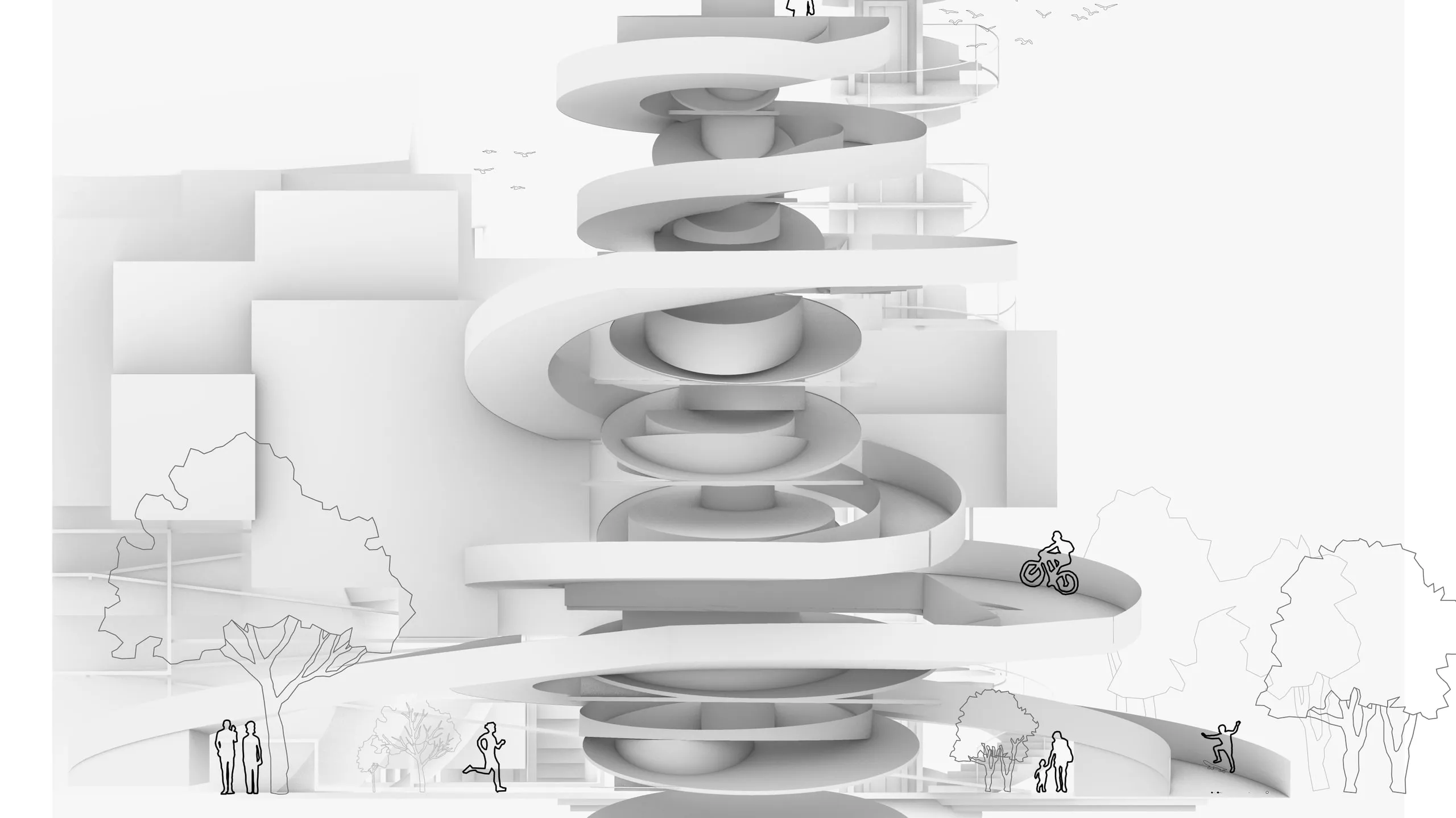 White spiral tower rising over the collective street