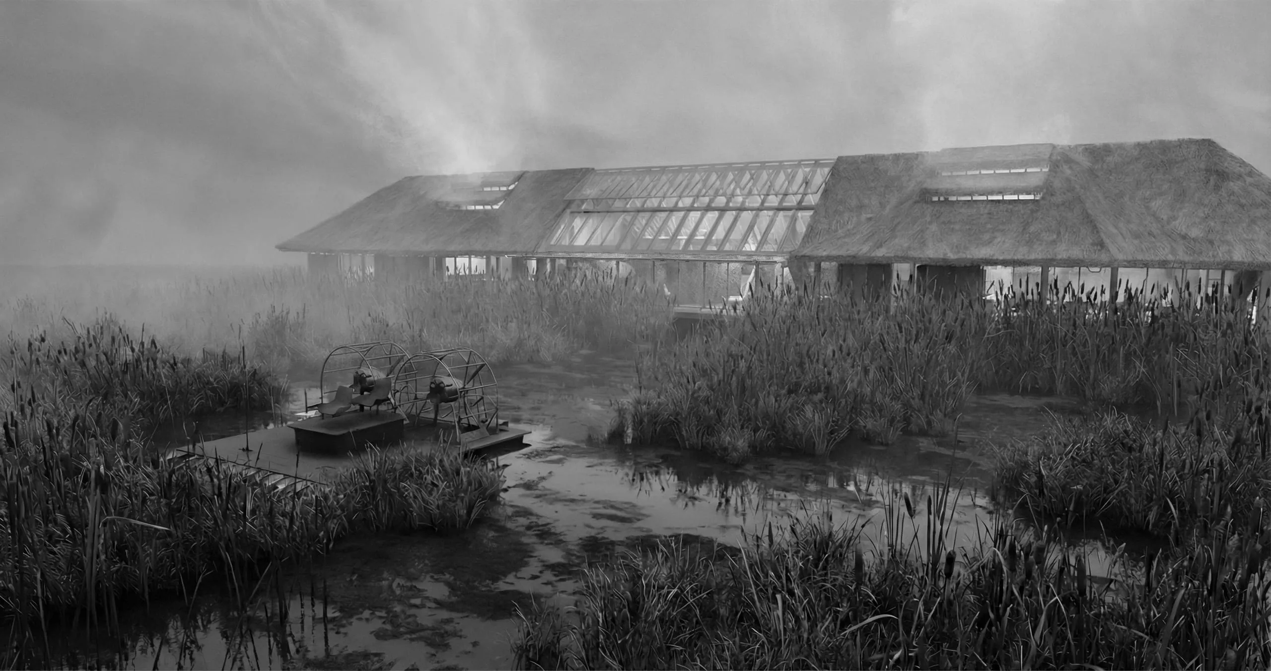 Reed-thatched floating centre in the misty Cena moorland
