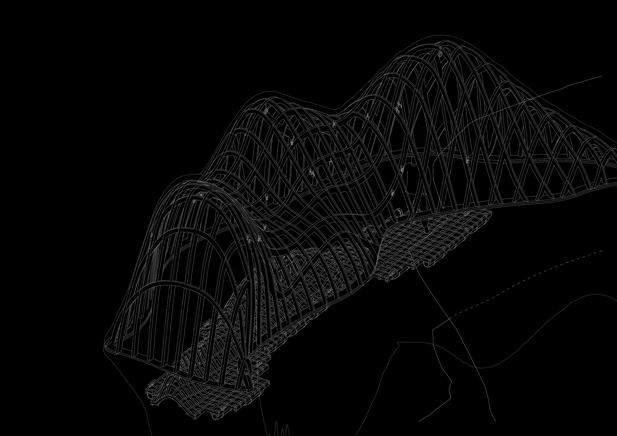Wireframe drawing of the suspended curtain structure